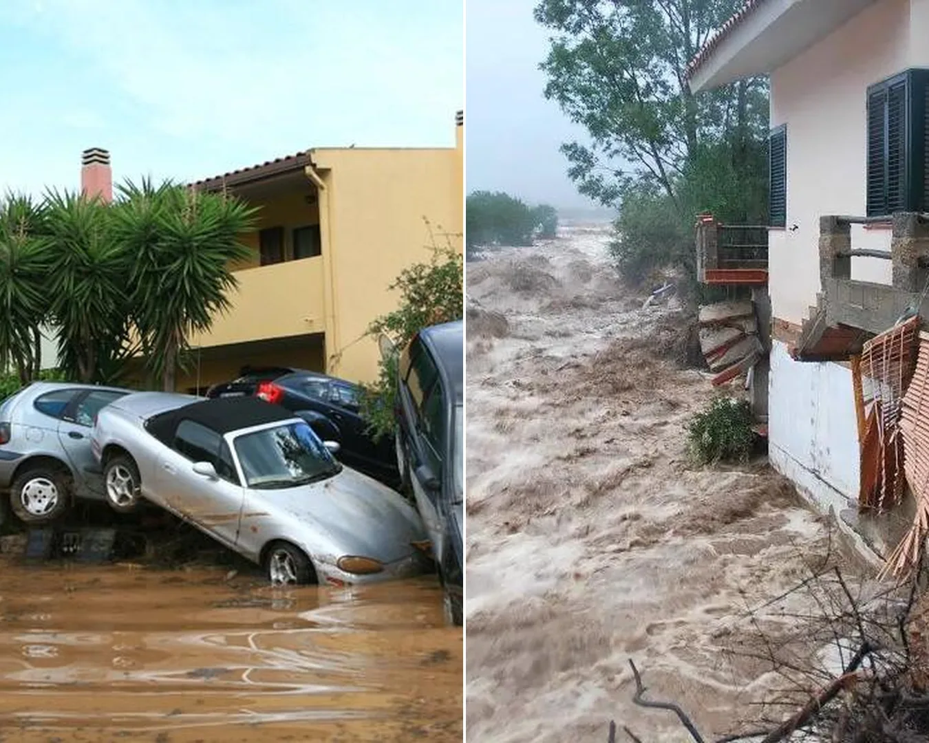 Alluvione di Capoterra del 22 ottobre 2008: automobili travolte dal fango e piena vicino alle abitazioni