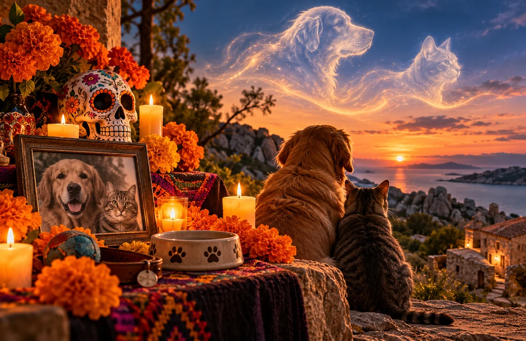 Anime degli animali: altare con fiori e candele, un cane e un gatto al tramonto per la ricorrenza del 27 ottobre