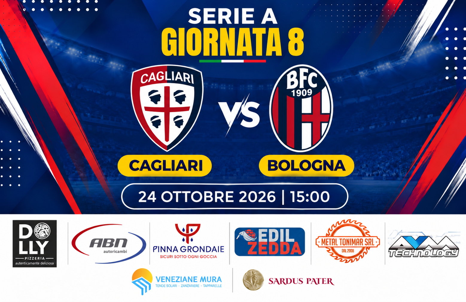 Cagliari Bologna, 24 ottobre 2026 ore 15, ottava giornata Serie A