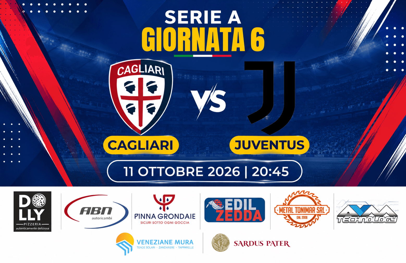 Cagliari Juventus, sesta giornata Serie A, 11 ottobre 2026 alle 20:45