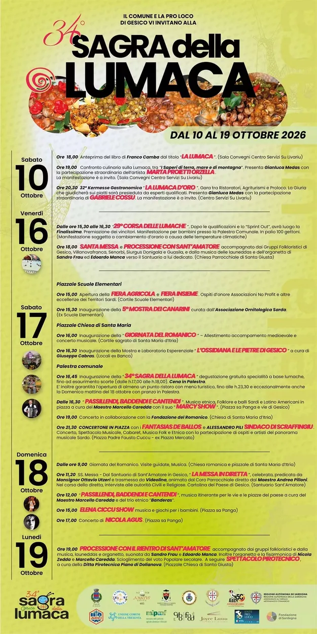 Programma ufficiale completo della 34ª Sagra della Lumaca di Gesico 2026