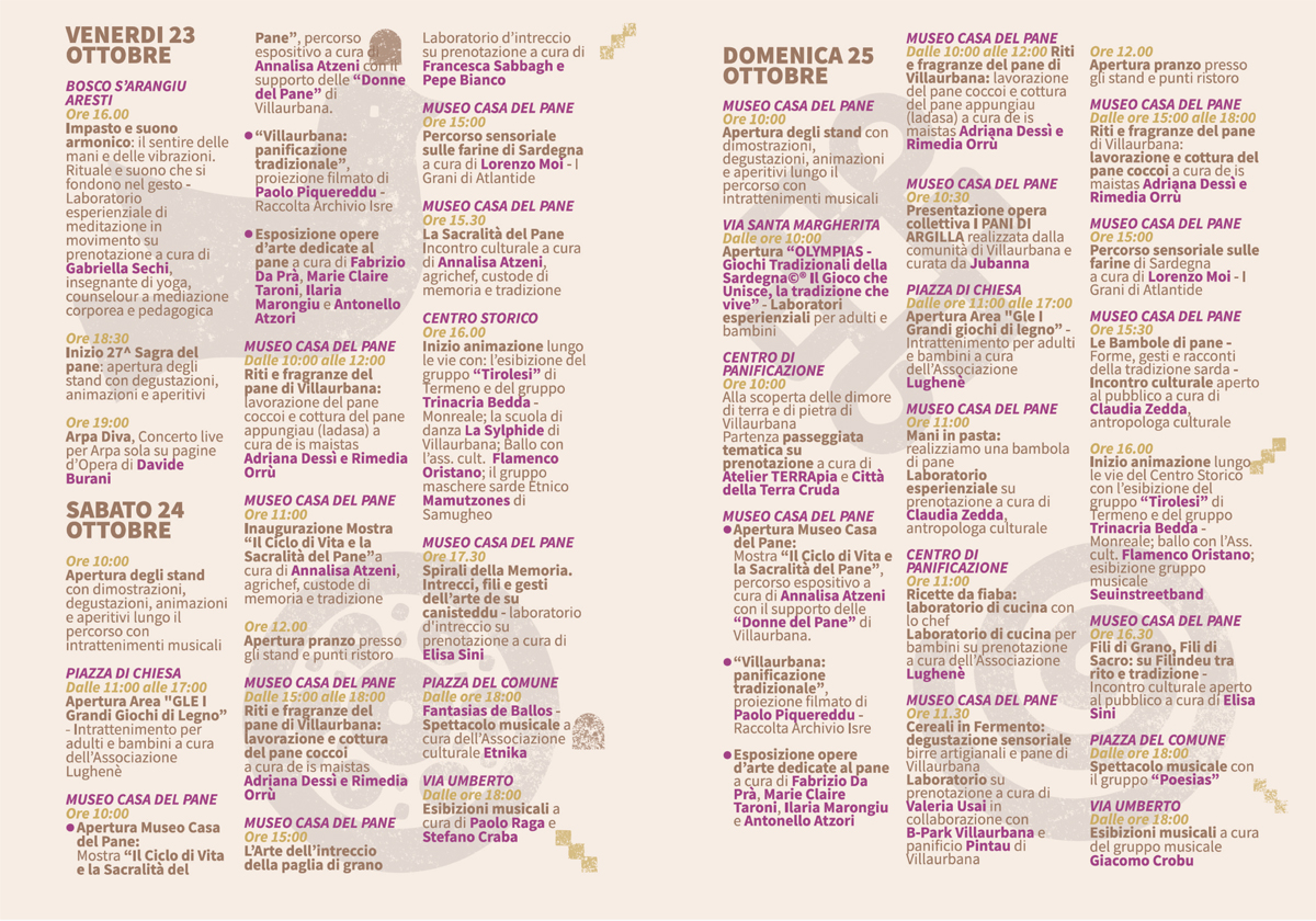 Programma completo Sagra del Pane Villaurbana 2026: venerdì 23, sabato 24 e domenica 25 ottobre